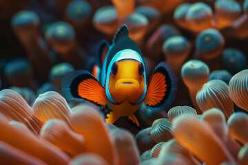 Obraz premium Illustration of clownfish swimming in a pattern that forms the outline of an enormous, invisible turtle,