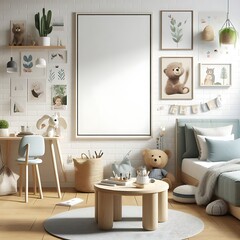 A Room with a mockup poster empty white and with a bed and a table art meaning has illustrative image used for printing.