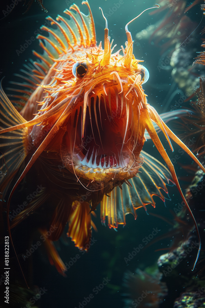 Poster dynamic image of anglerfish arranged to form the shape of a hidden, giant sea monster lurking in the