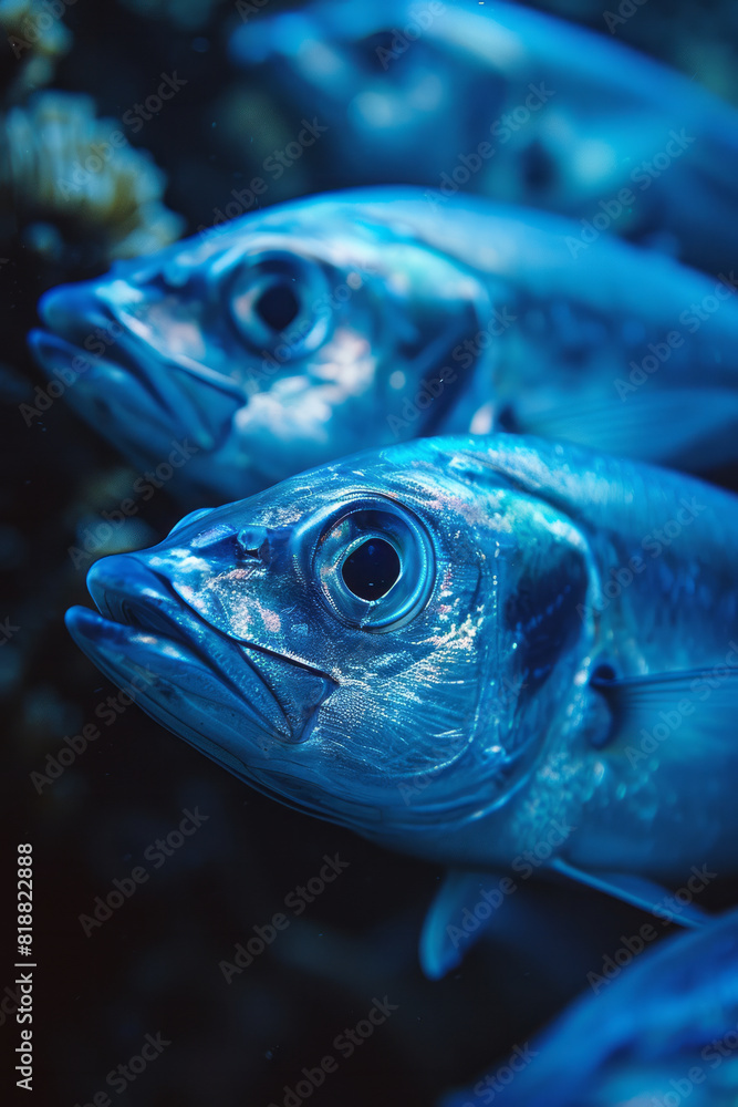 Poster abstract image of barracudas arranged to create the shape of a larger, hidden barracuda,