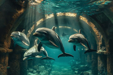 Scene of dolphins swimming in a way that their reflections create the illusion of a grand, invisible underwater city,