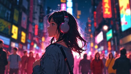 girl on the street listening to headphones
