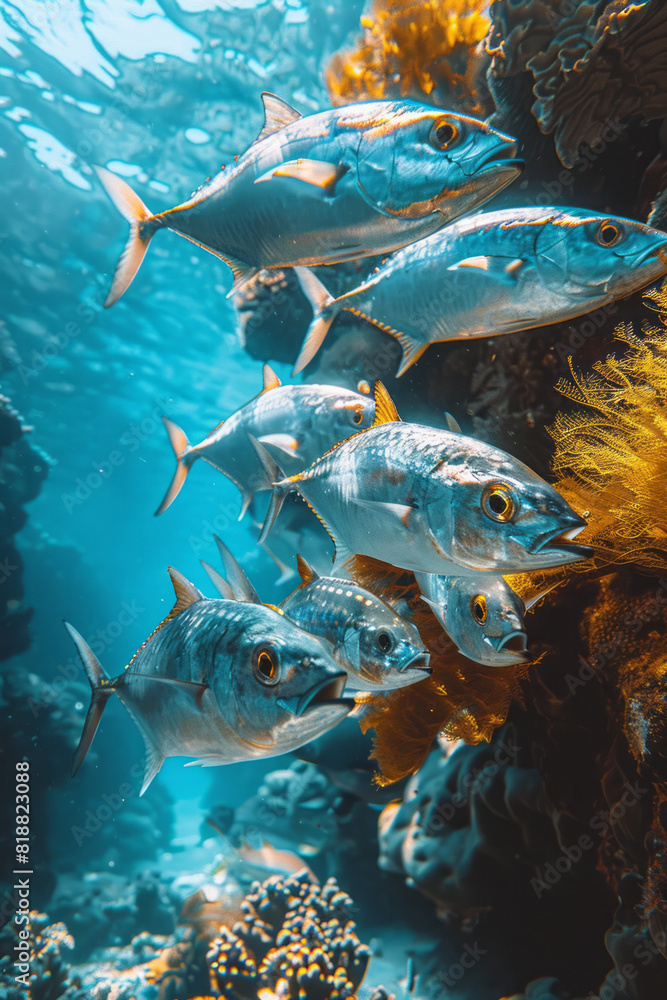 Poster scene of a group of mackerel darting in and out of coral reefs, their swift movements creating a dyn