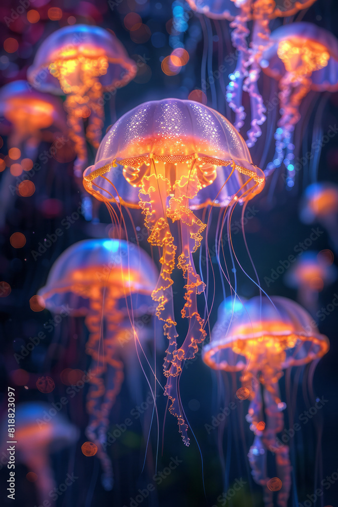 Poster illustration of a group of jellies floating rhythmically, their tentacles trailing behind them in a 