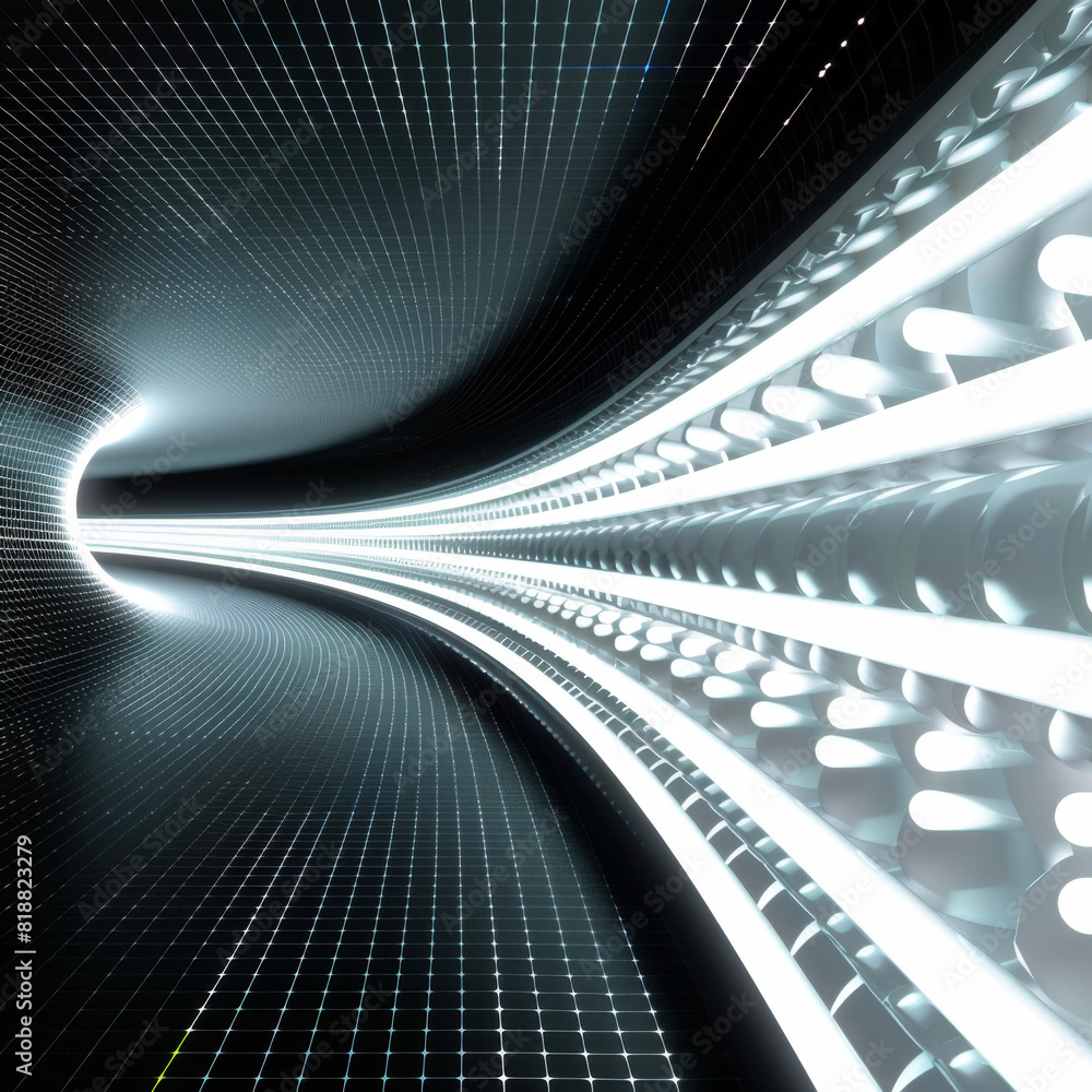 Poster abstract futuristic tunnel with glowing lights and grid pattern, creating a sense of motion and adva