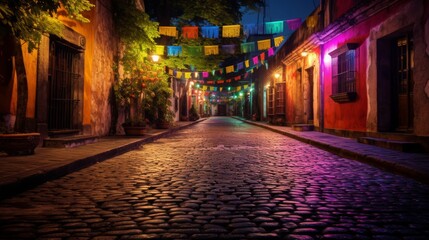 Fototapeta premium Colorful mexican lanterns lighting up cobblestone street during festive celebration