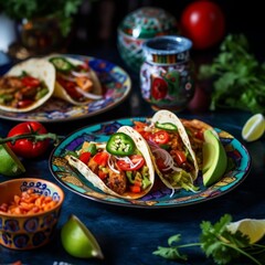 Authentic mexican tacos with guacamole and veggies on vibrant embroidered tablecloth