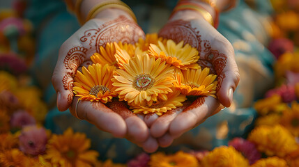 A close-up of hands offering flowers to Goddess Lakshmi during Diwali, with intricate henna designs and vibrant attire