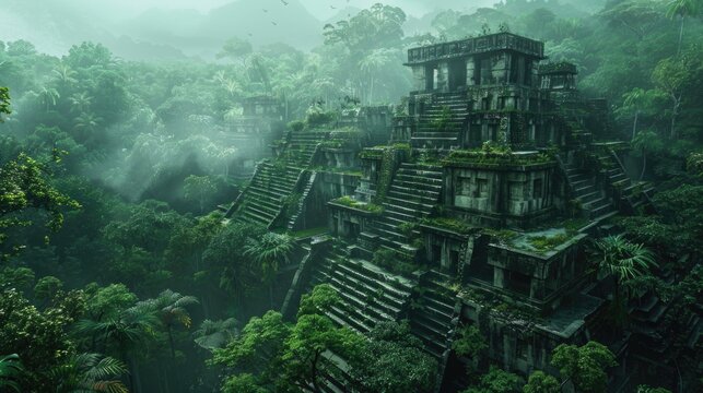Ancient Mayan city with massive temple in dense nature background