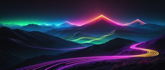 futuristic landscape with smooth, dark, undulating hills in the background with neon light trail