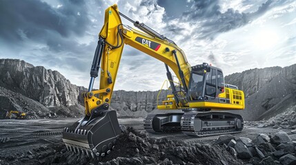 Sunlit Beast: A Yellow and Black Excavator Unearthing Treasures in Rocky Terrain