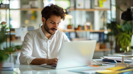 Fototapeta premium A focused man in a casual white shirt is working intently on his laptop in a bright, modern office environment