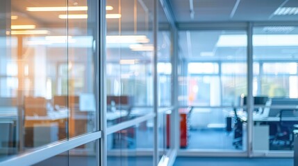 An abstract blurred view of an office space with glass doors, hinting at a busy professional environment