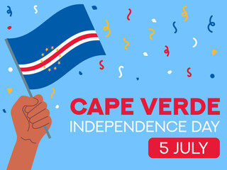 Cape Verde independence day 5 July. Cape Verde flag in hand. Greeting card, poster, banner template	
