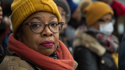 A Black woman wearing glasses and a yellow hat