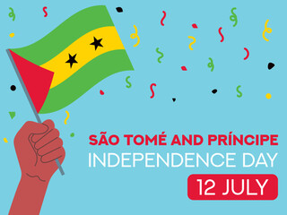 São Tomé and Príncipe independence day 12 July. São Tomé and Príncipe flag in hand. Greeting card, poster, banner template	
