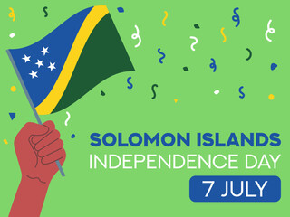 solomon islands independence day 7 July. solomon islands flag in hand. Greeting card, poster, banner template	
