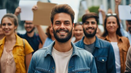 Obraz premium A diverse group of individuals smiling and holding signs on Voter Registration Day