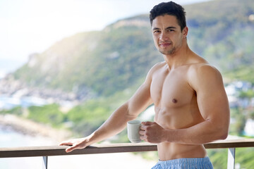 Balcony, portrait and man with coffee cup in morning on vacation, weekend holiday and shirtless in Bali. Smile, hot beverage and cappuccino with guy outdoor to relax, fresh air and pride in hotel