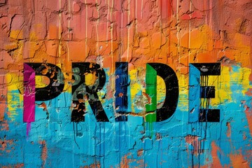 Colorful street art with words 'Pride' and 'Equality' in big bold letters, urban and rebellious, LGBT rights theme