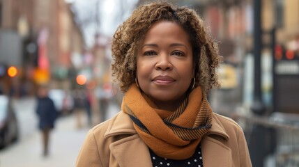 Fototapeta premium A Black woman with a scarf around her neck standing on a city street