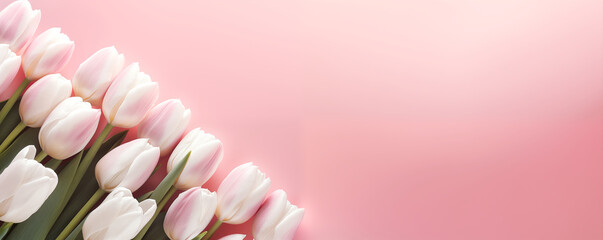 White tulips on pink background, studio, blank space, generated ai