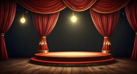 Circus stage podium background 3D carnival light red show curtain. Circus platform stage podium tent theater arena sign vintage spotlight circle stand bulb ringmaster ring cirque cartoon party cinema.