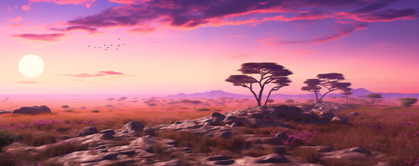 African savanna at late purple sunset, national wild park landscape, beautiful panoramic view,...
