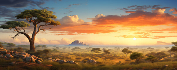 African savanna at nights, national wild park landscape, beautiful panoramic view, generated ai