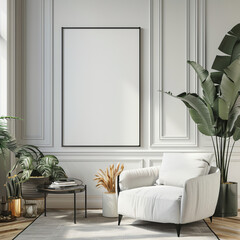 Frame mockup, ISO A paper size. Living room wall poster mockup. Interior mockup with house background. Modern interior design. 3D render