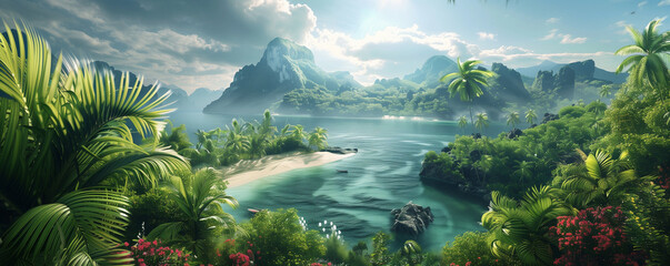 Blue lagoon with tropical sand beach and lush vegetation, generated ai
