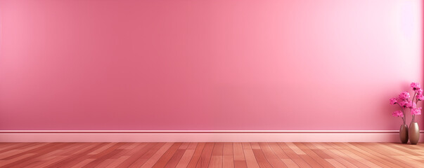 Fototapeta premium Empty room with pink blank wall and wooden floor, generated ai 