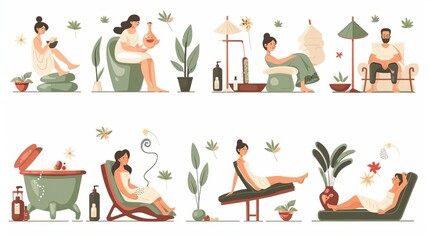 Fototapeta premium Spa center service flat vector illustrations set Beauty salon visitors and workers cartoon characters Wellness center procedures and equipment pack Hot stone massage, foot bath and facial masks,
