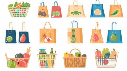 Shopping bags and baskets flat vector illustrations set Grocery purchases, paper and plastic packages, turtle bags with products Natural food, organic fruits and vegetable Department store goods,
