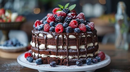 A mouthwatering photo of a decadent chocolate cake adorned with fresh berries and swirls of whipped...
