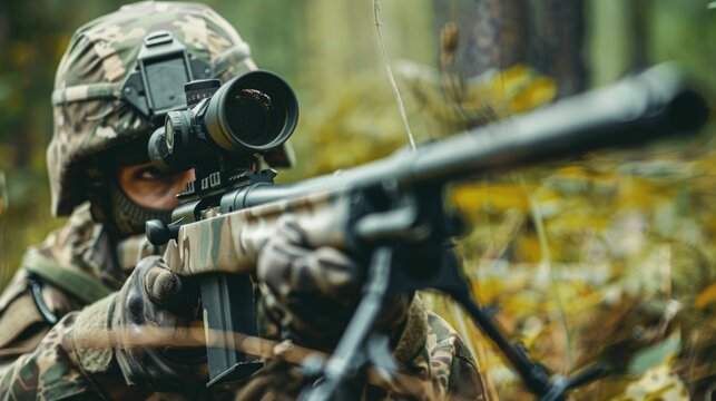 Army soldier sniper aims through the telescopic sight. Army sniper with large-caliber sniper rifle seeking killing enemy