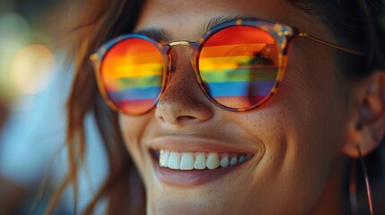 The smiling person's pride reflects in close-up, joyful LGBT pride flag sunglasses, personal and proud