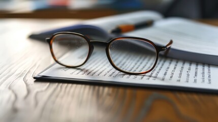 A pair of glasses rests on an open book next to a pen, suggesting focused study or a reading session
