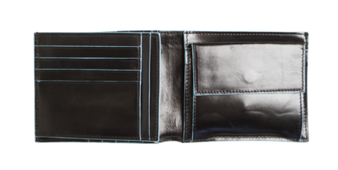 Open black leather wallet on a white background, showcasing its interior compartments and design