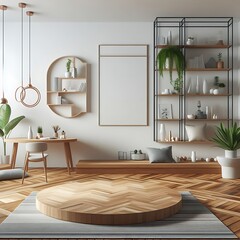 A Room with a mockup poster empty white and with a round table and shelves realistic harmony design card.