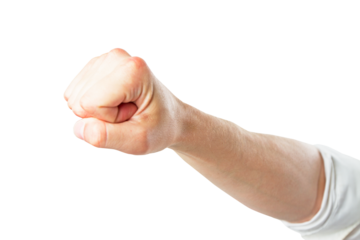 A closeup of a clenched fist on a white background, conveying a concept of power or protest