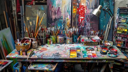 Artist's desk covered in colors, brushes and pallets - great art and beauty from chaos