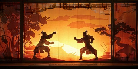 Asia shadow theatre boxfighting scene and copy space.