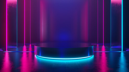 Futuristic Neon-Lit Podium in Dark Room for Product Showcase or Award Ceremony
