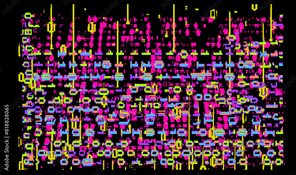 Poster Distorted collapsing pixels and binary code on a dark background. Vector illustration in 8-bit glitch art style.