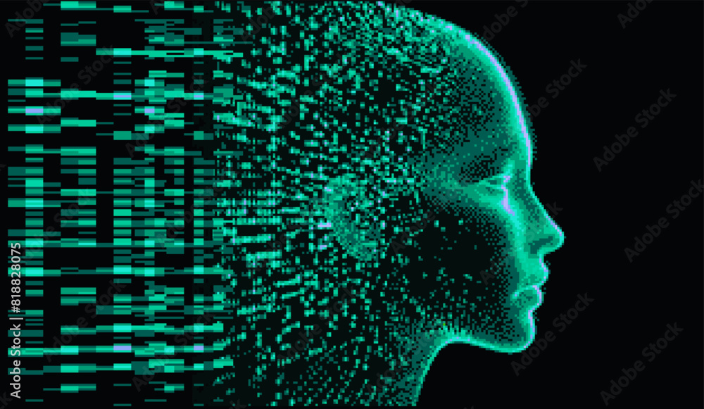 Poster green 3d human profile made of pixels and particles on dark background. conceptual vector illustrati
