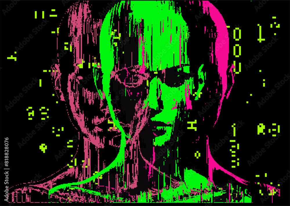 Aufkleber glitched distorted 3d human face on a dark background. conceptual vector illustration on the topic o