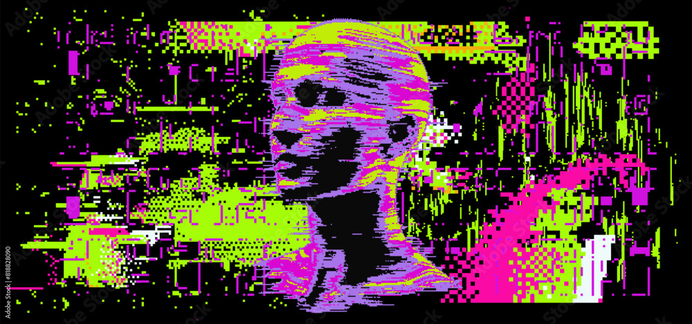 Poster glitched distorted 3d human face on a dark background. conceptual vector illustration on the topic o