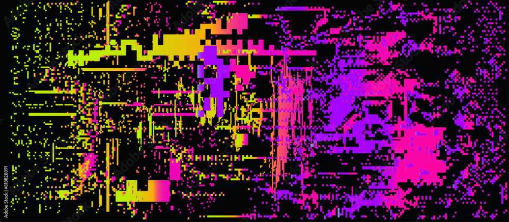Poster Distorted collapsing pattern made of neon colorful pixel noise. Vector illustration in 8-bit glitch art style.