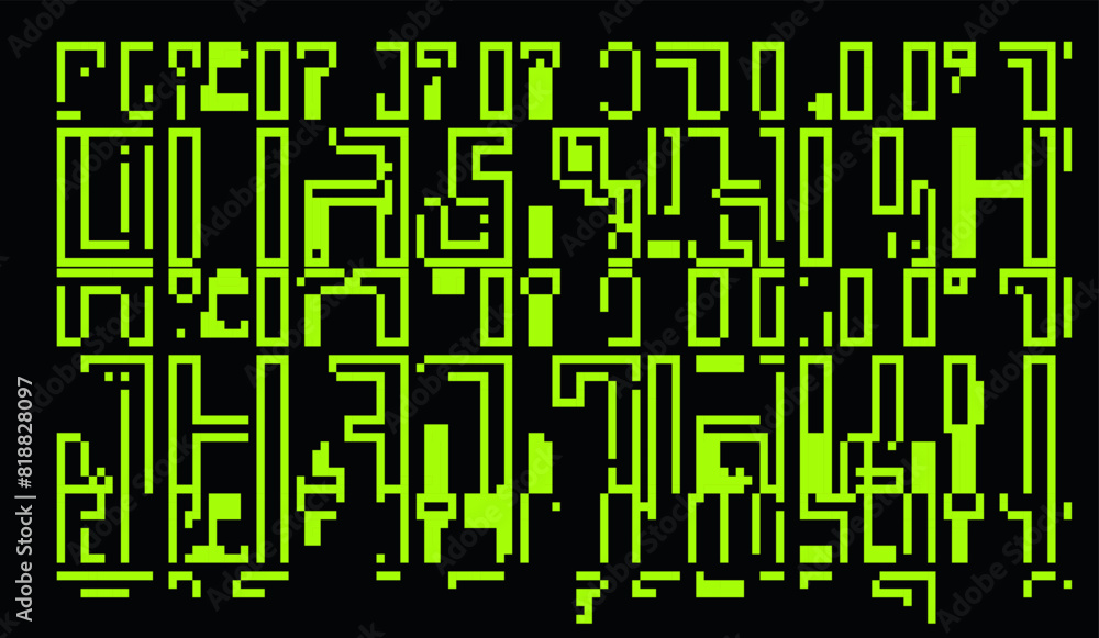 Poster mosaic made of green pixels on a dark background. vector illustration in 8-bit glitch art style.